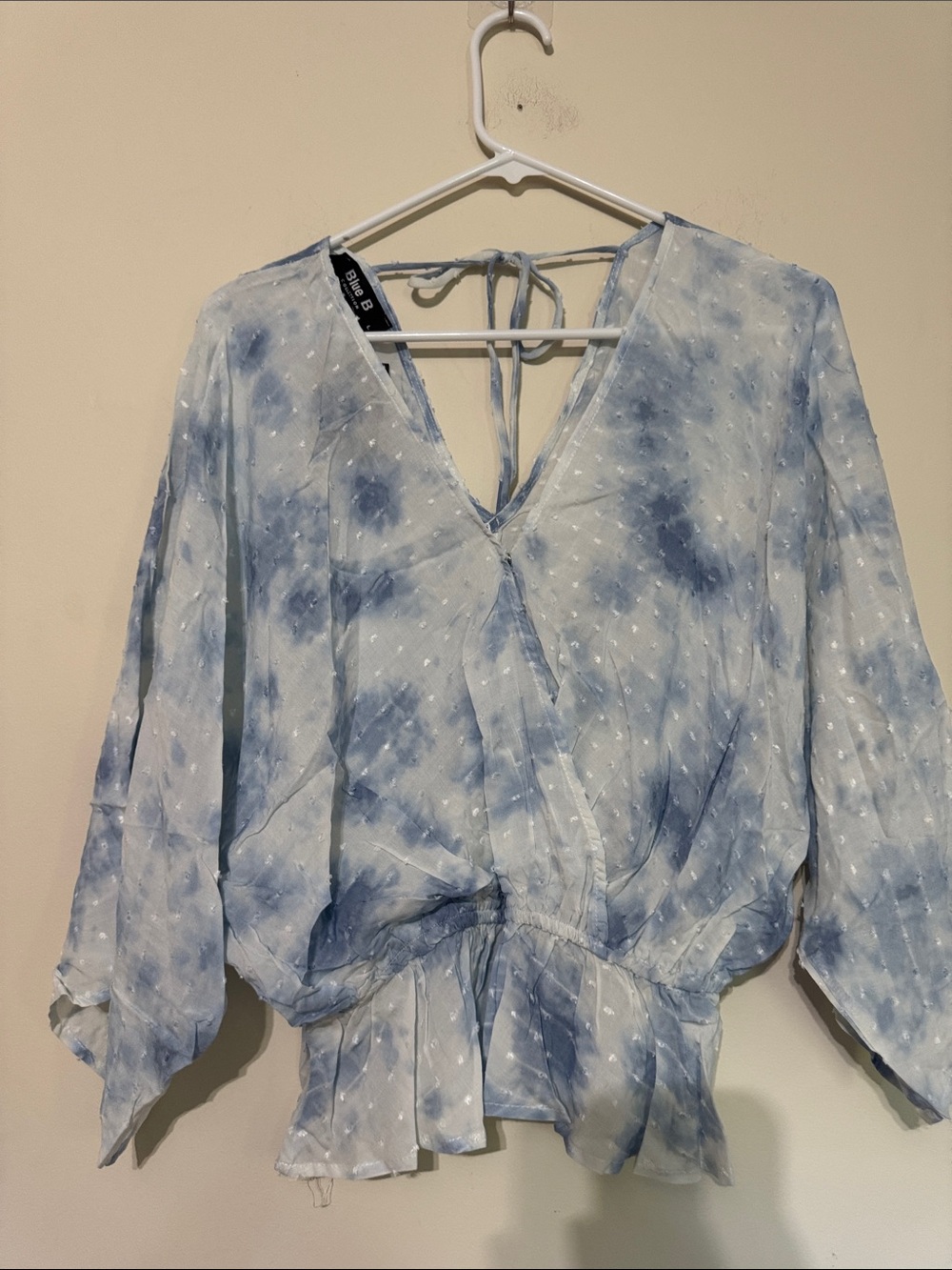 Light Blue Tie-Dye V-Neck Long Sleeve Peplum Dress